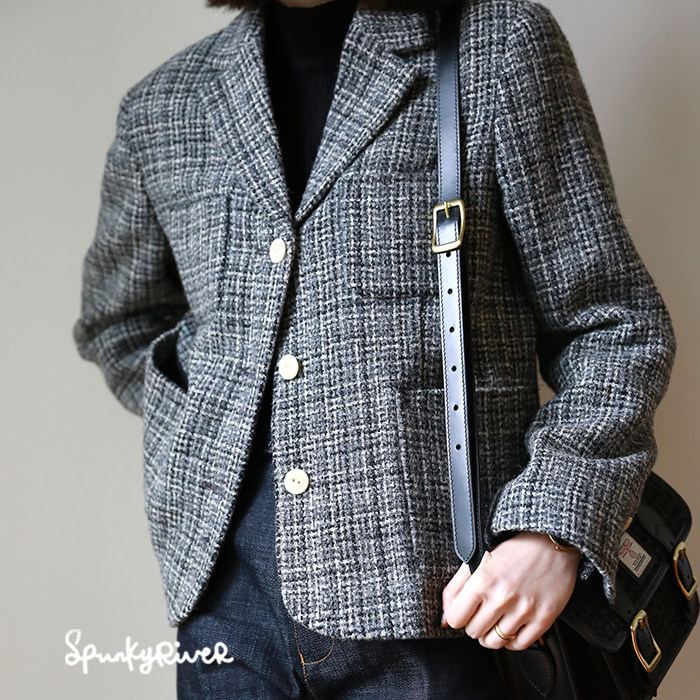 HarrisTweed哈里斯粗花呢 原创复古女西服 灰白格子箱型休闲西装