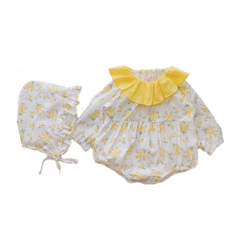 可可妈女婴儿百天碎花哈衣套装可爱满月宝宝爬服长袖包屁衣新生