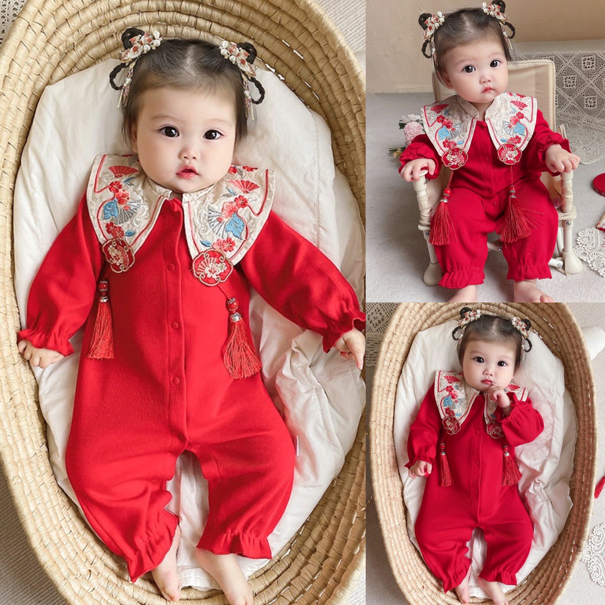 可可妈女宝宝过年装婴儿加绒连体衣年服中国风红色婴幼儿加厚爬服