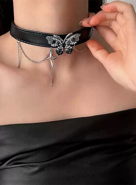 暗黑系哥特蝴蝶锆石芒星吊坠choker项圈女小众皮质流苏朋克颈带