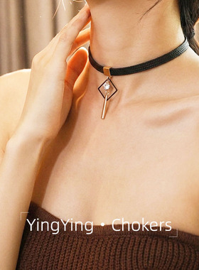 简约黑色皮质 choker 菱形锆石吊坠颈圈女小众高级感短款锁骨链