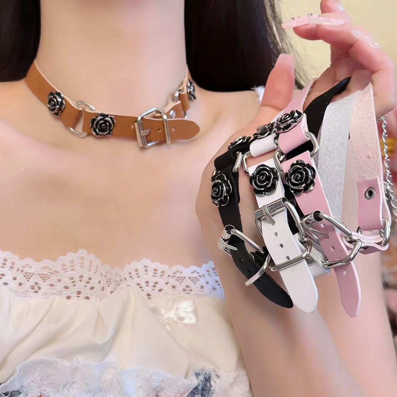 y2k辣妹皮带扣玫瑰花项圈女choker颈环脖子配饰项链锁骨链颈链潮