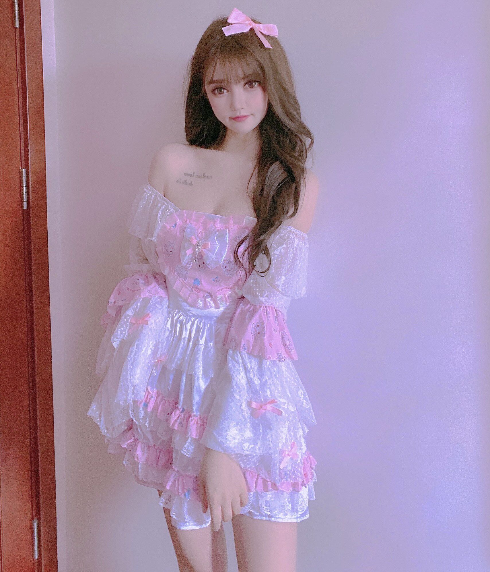 梦幻少女公主可爱美乐蒂双子星一字肩两穿喇叭袖蛋糕连衣裙