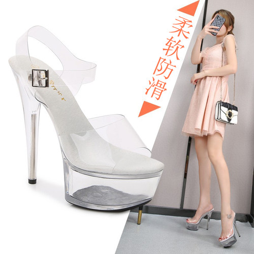 走秀鞋女模特舒服超高跟凉鞋15cm公分晚会礼服鞋透明水晶鞋恨天高