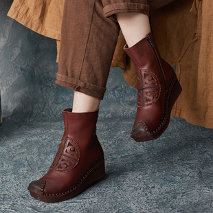 妈妈棉靴女2025秋冬新款 手工真皮侧拉链厚底软底防水台坡跟棉鞋