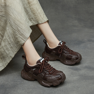 休闲系带单鞋 八爪鱼鞋 透气轻便女鞋 真皮圆头拼色厚底鞋 女 头老爹鞋