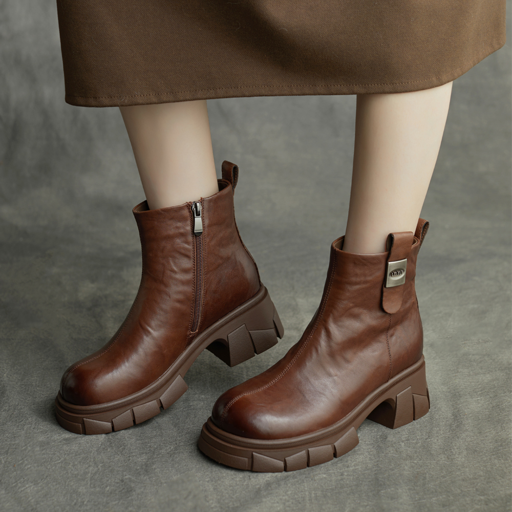 粗跟短靴侧拉链马丁靴