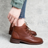 圆头马丁靴女秋冬新款 靴 真皮靴子侧拉链平跟高帮单靴舒适轻便时装