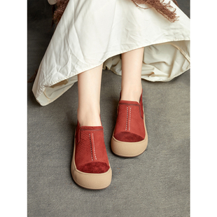 一脚蹬女鞋 英伦风真皮手工圆头拼色套脚平底休闲单鞋 新款 2025秋季