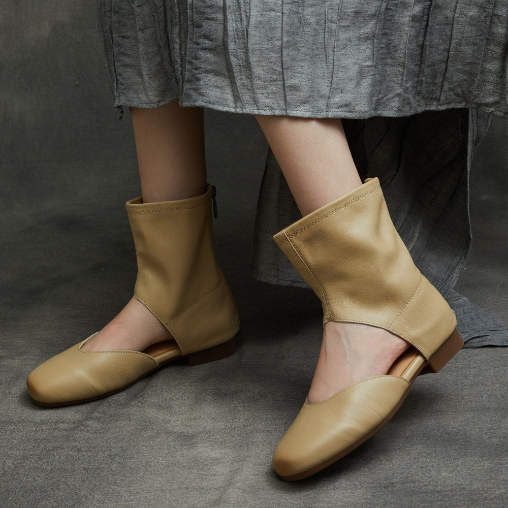 芭芭步真皮包头罗马凉靴女2026春夏新款中帮圆头平跟软底手工凉鞋