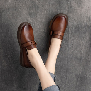 森女帅气复古真皮手工扣带平跟英伦风舒适单鞋 2025春季 新款