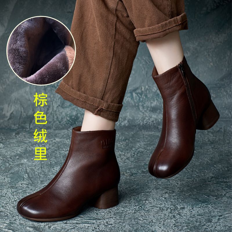 加绒保暖牛皮中粗跟短靴马丁靴女