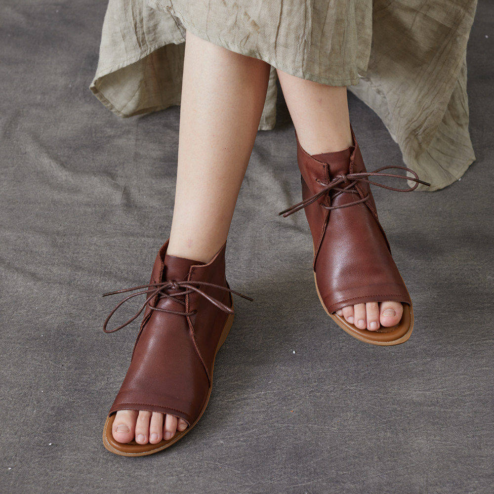 露趾罗马凉鞋女2026夏季新款复古风真皮低跟交叉绑带软底百搭凉靴