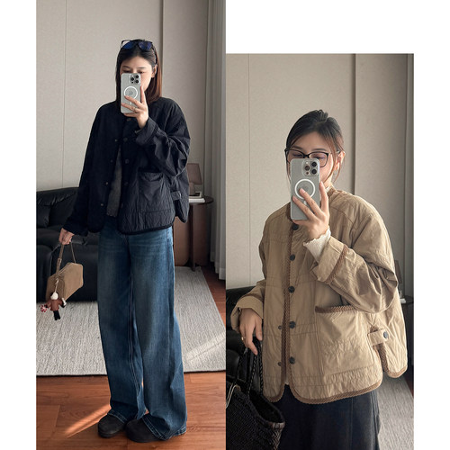 韩版休闲纯色拼接大口袋百搭棉衣