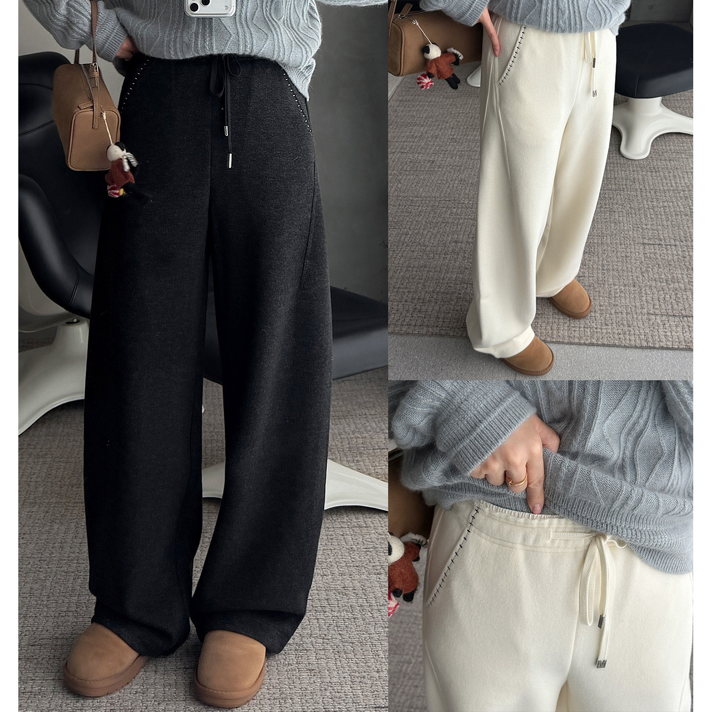 醋酸羊毛舒适冬季新款简约高腰口袋明线宽松百搭加绒直筒阔腿裤女,女装/女士精品,休闲裤,淘宝优惠券,粉丝福利购,淘宝优惠卷