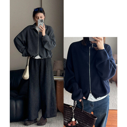 超细绵羊毛柔软高端立领双拉链开衫外套秋季新款纯色百搭针织上衣