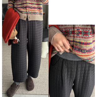 纯色高腰绗缝菱格通勤宽松百搭夹棉保暖直筒棉裤 舒适休闲冬季 新款