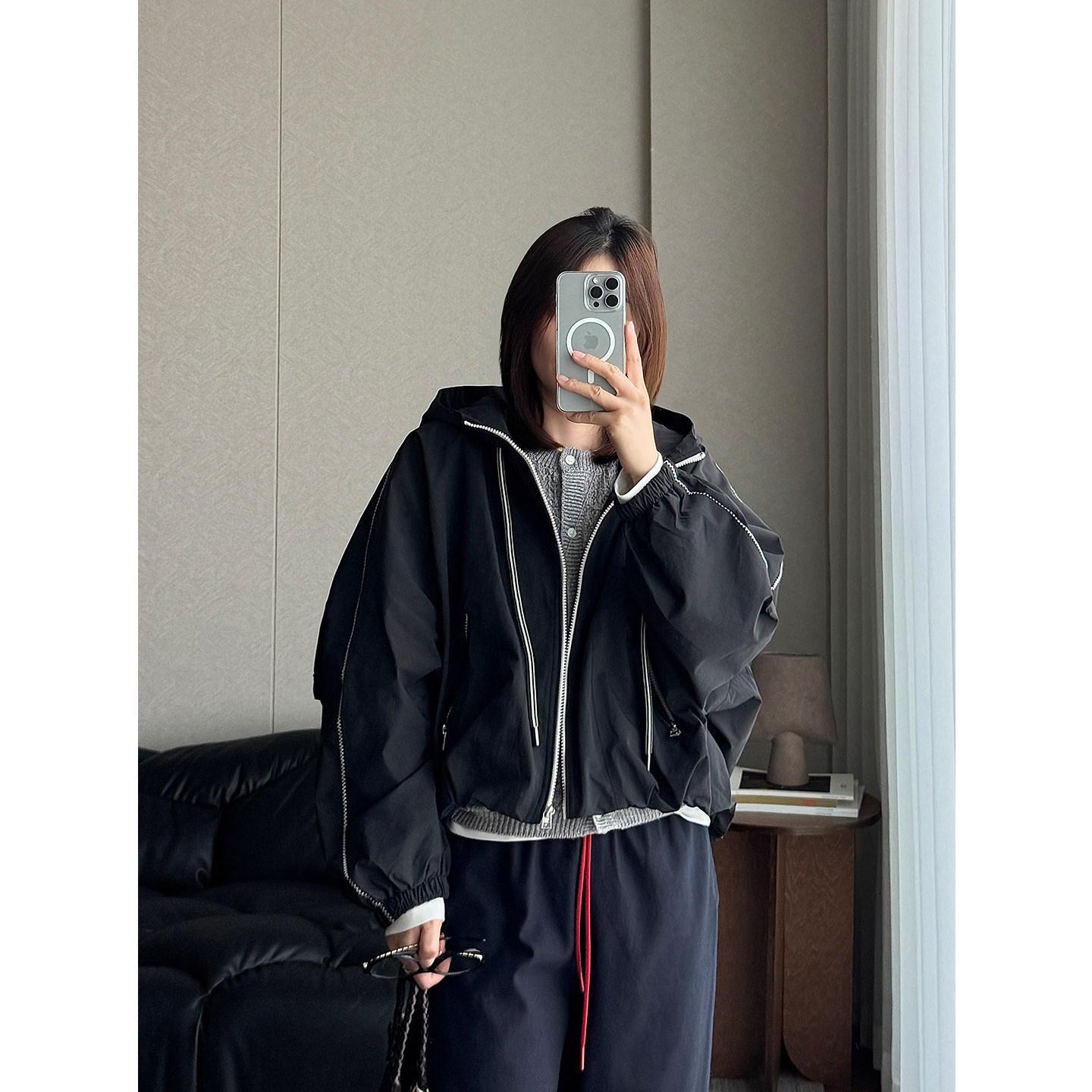 日系连帽工装短款显瘦冲锋衣外套
