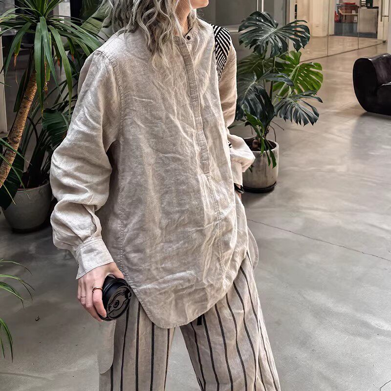 春夏女100%纯亚麻长袖衬衫大码