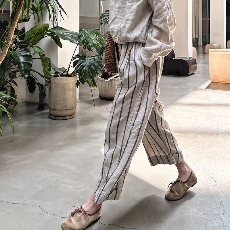 春夏女汉麻阔腿显瘦九分裤