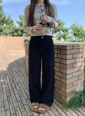 BBen 原色深色加厚高腰牛仔裤女2025秋季新款休闲高腰显瘦直筒裤