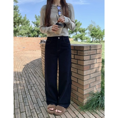 BBen 原色深色加厚高腰牛仔裤女2025秋季新款休闲高腰显瘦直筒裤