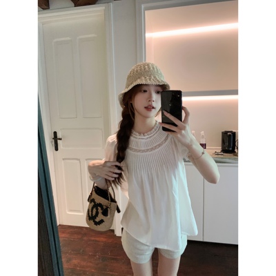 BBen 夏日小豆蔻 法式蕾丝领泡泡袖小衫女夏2025新款纯欲小上衣