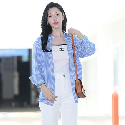 长袖蓝白条纹休闲百搭直筒单排扣