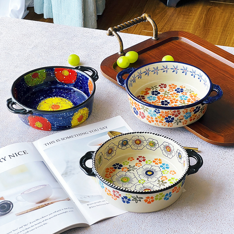 复古波兰风陶瓷双耳盘子深盘