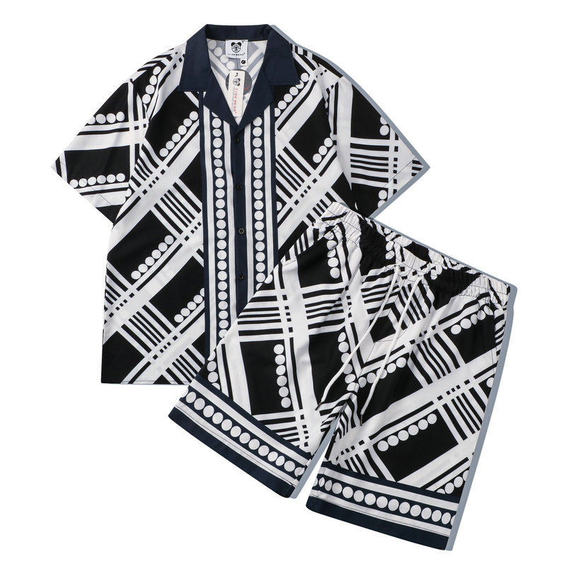 SUMMER SURFING BEACH WIND FLOWERS SHIRT SET CASUAL STRIPED POLKA DOT PRINT SHORT-SLEEVED SHORTS SET SHIRT