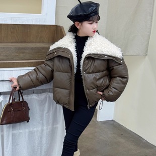 女童棉服冬季加厚冬装免洗外套洋气儿童加绒pu皮棉衣短款大童棉袄