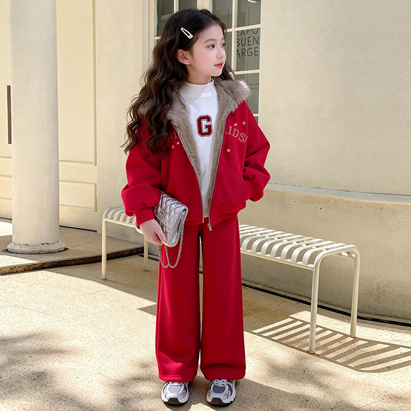 女童巨好看红色加绒新年拜年套装