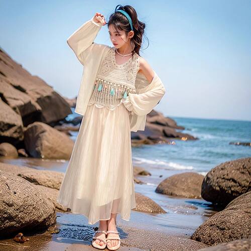 女童民族风连衣裙防晒三件套海边