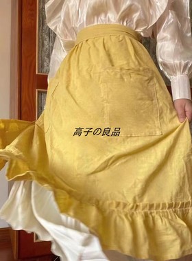 韩版棉麻围裙ins风咖啡奶茶花艺陶艺日式画室波浪边简约荷叶裙摆