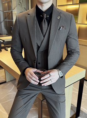 新选高定质感灰色条纹西服男套装秋E冬英伦风商务通勤西装新郎结