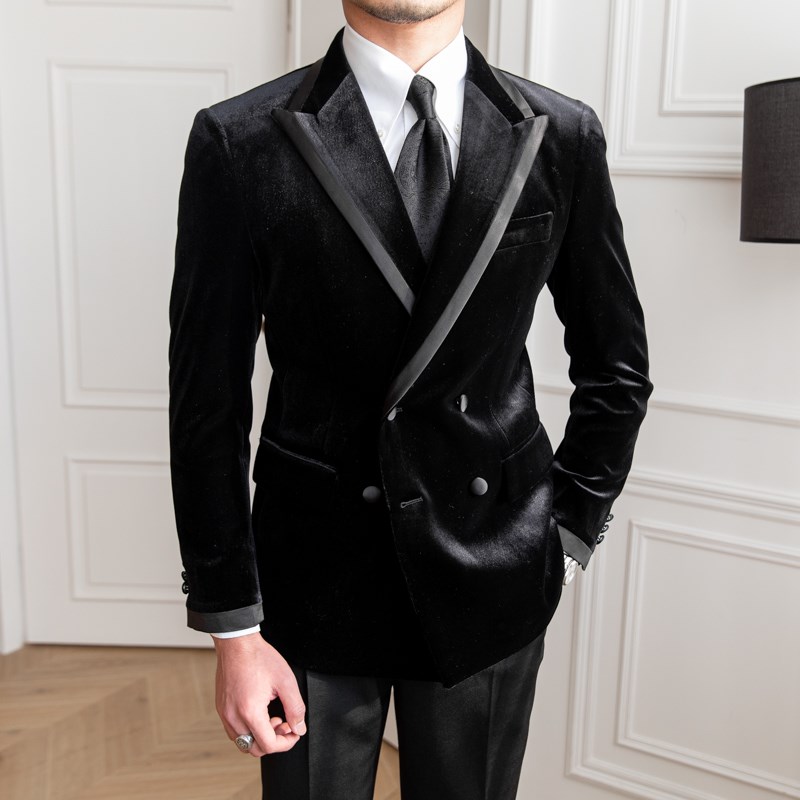 新选鹿三先生春季黑丝绒s西服套装双排扣反绒单西男士结婚新郎礼