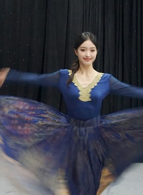 新选shali莎莉新疆维族舞蹈演出服女考级练P习裙维吾尔族成人大摆