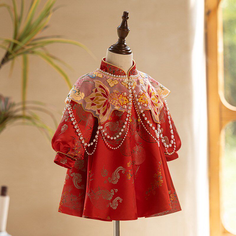 新品女宝宝周岁礼服春秋新中式婴儿D抓周唐装冠衣儿童生日高端红