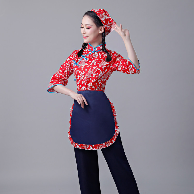 精选阿庆嫂碎花采茶女村姑花y布衣服民族舞蹈乡村风农村戏服表演