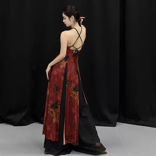 精选古典舞红色飘逸纱衣古风爵士舞蹈服女宽松开衫复古.绑带旗袍