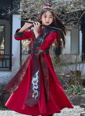 新选女童红色汉服花木兰服装儿童女侠中国风cosT仙侠古装演出剑客