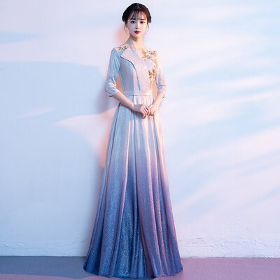 精选大合唱团演出服女长裙新款成人渐变独唱指挥T主持礼服比赛高