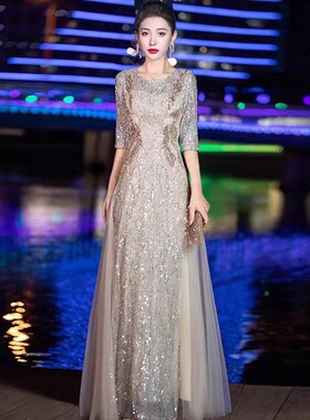 新选成人晚礼服连衣裙女高级感2A025新款主持人红色长裙合唱团演