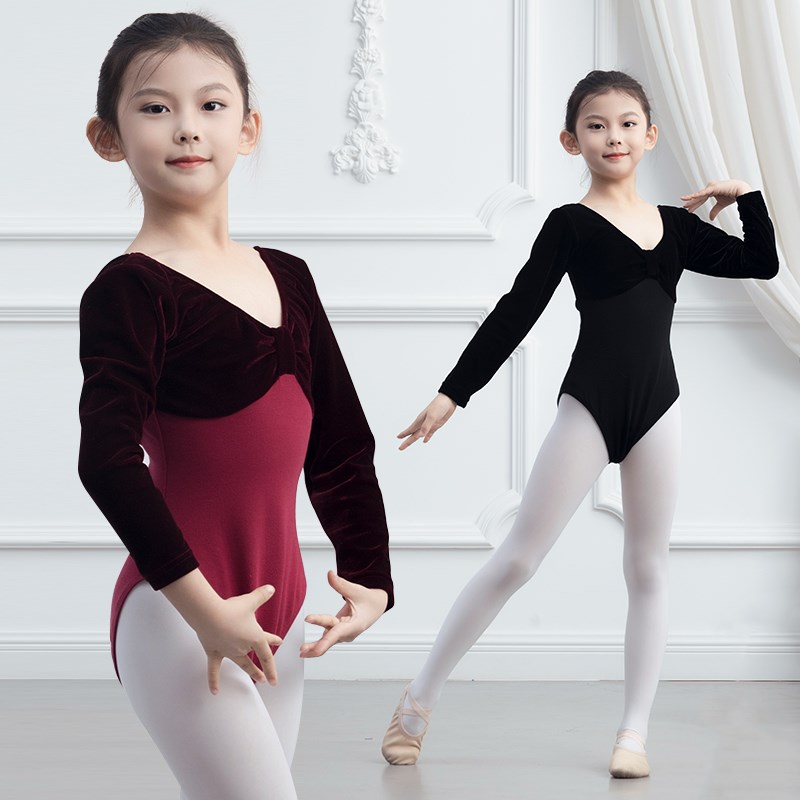 新选儿e童芭蕾舞练功服长袖丝绒连体舞蹈服女童秋冬考试基训体