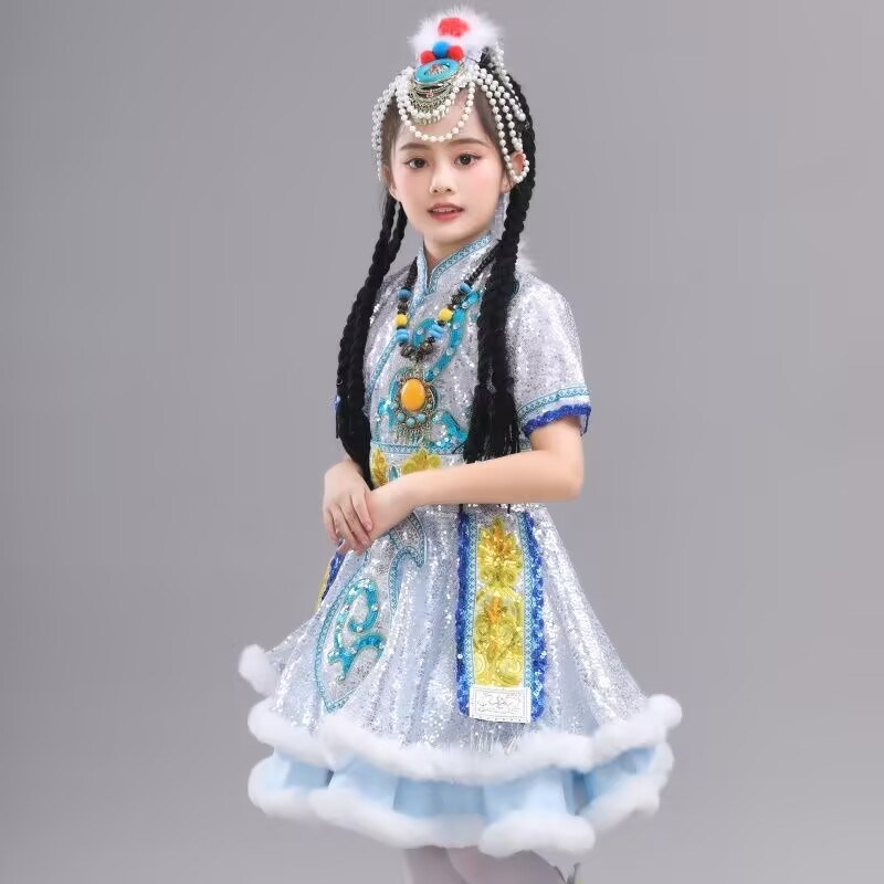 新选儿童新款藏族蒙古族六一舞蹈少数民族表演服装女童Z演出服水