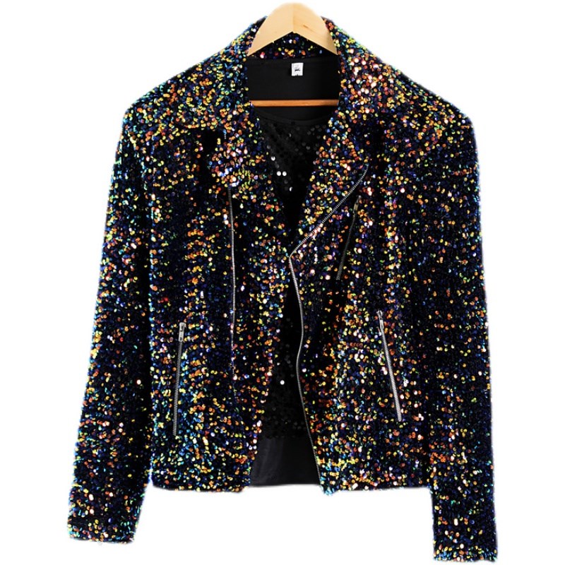 新选高定版演出服男休闲西装权志龙设计师七彩星河亮Y闪片机车夹