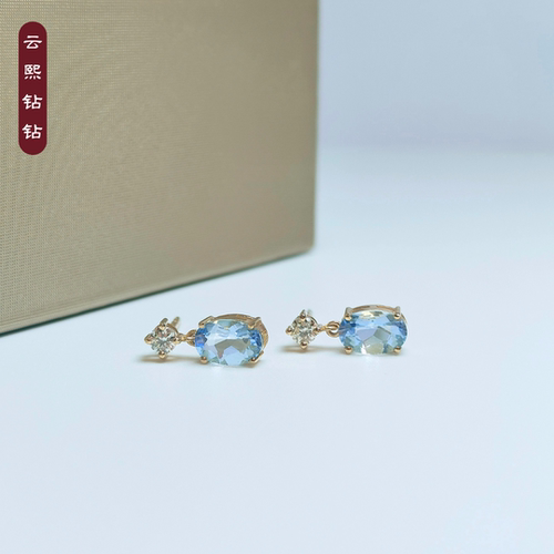 云熙钻钻18K金椭圆海蓝宝石耳坠
