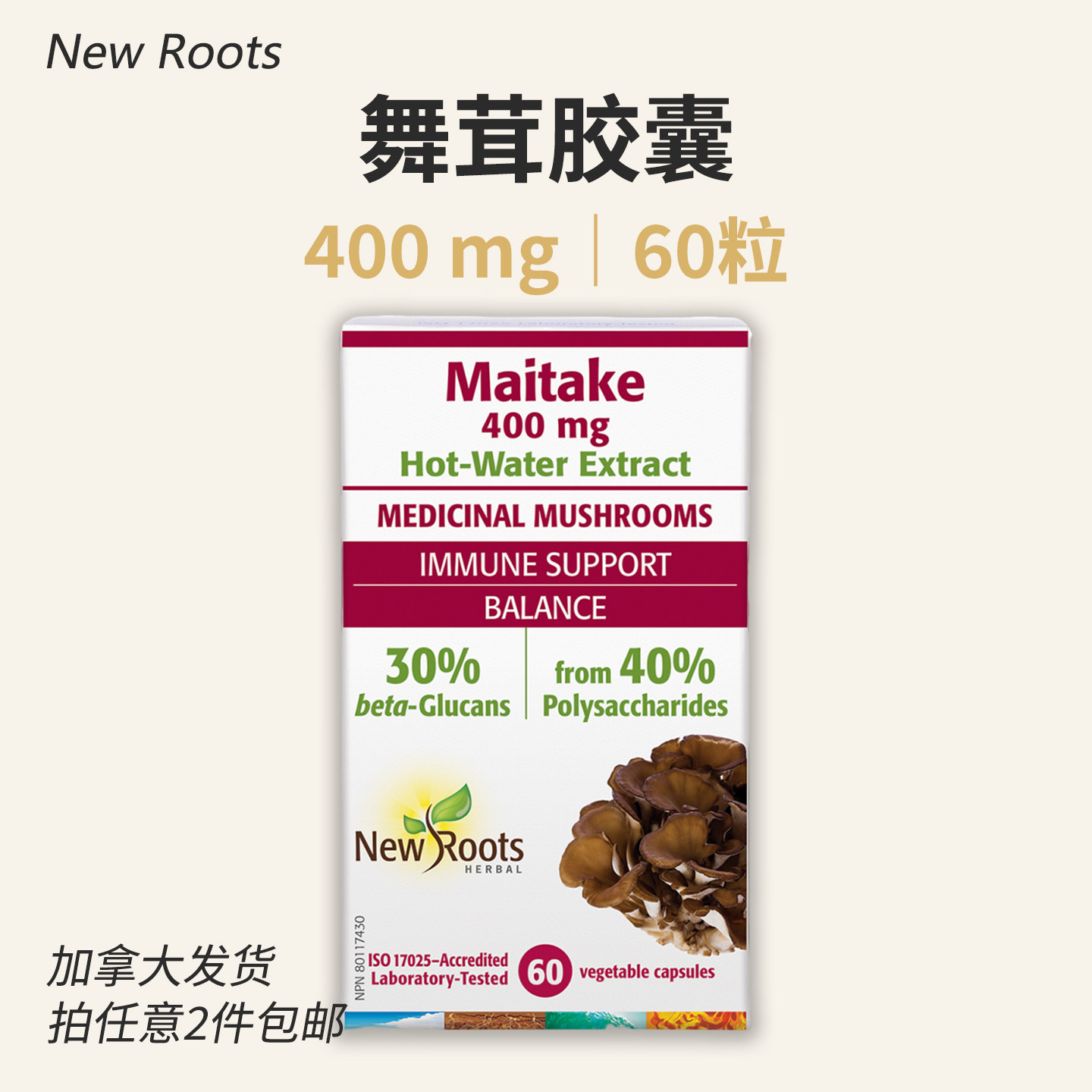 New Roots舞茸提取物400mg 60粒素胶囊加拿大正品maitake中老年人