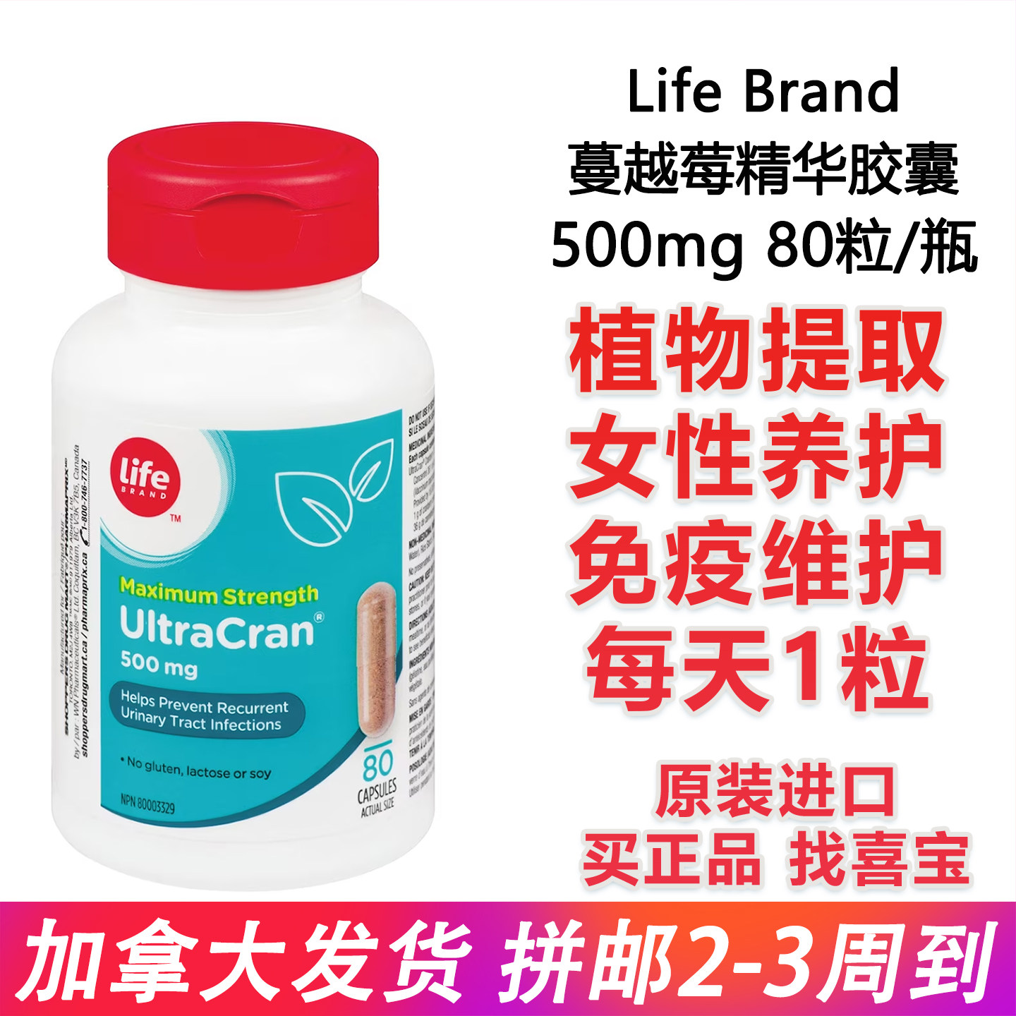 正品加拿大Life蔓越莓浓缩精华胶囊500mg呵护成人女性UTI健康80粒