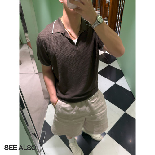 桑蚕丝羊毛软糯翻领短袖针织衫男